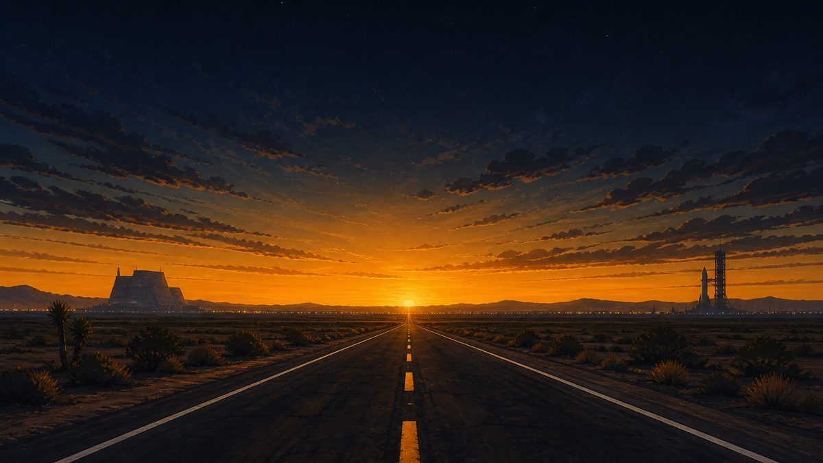Desert highway toward a distant rocket gantry at dusk